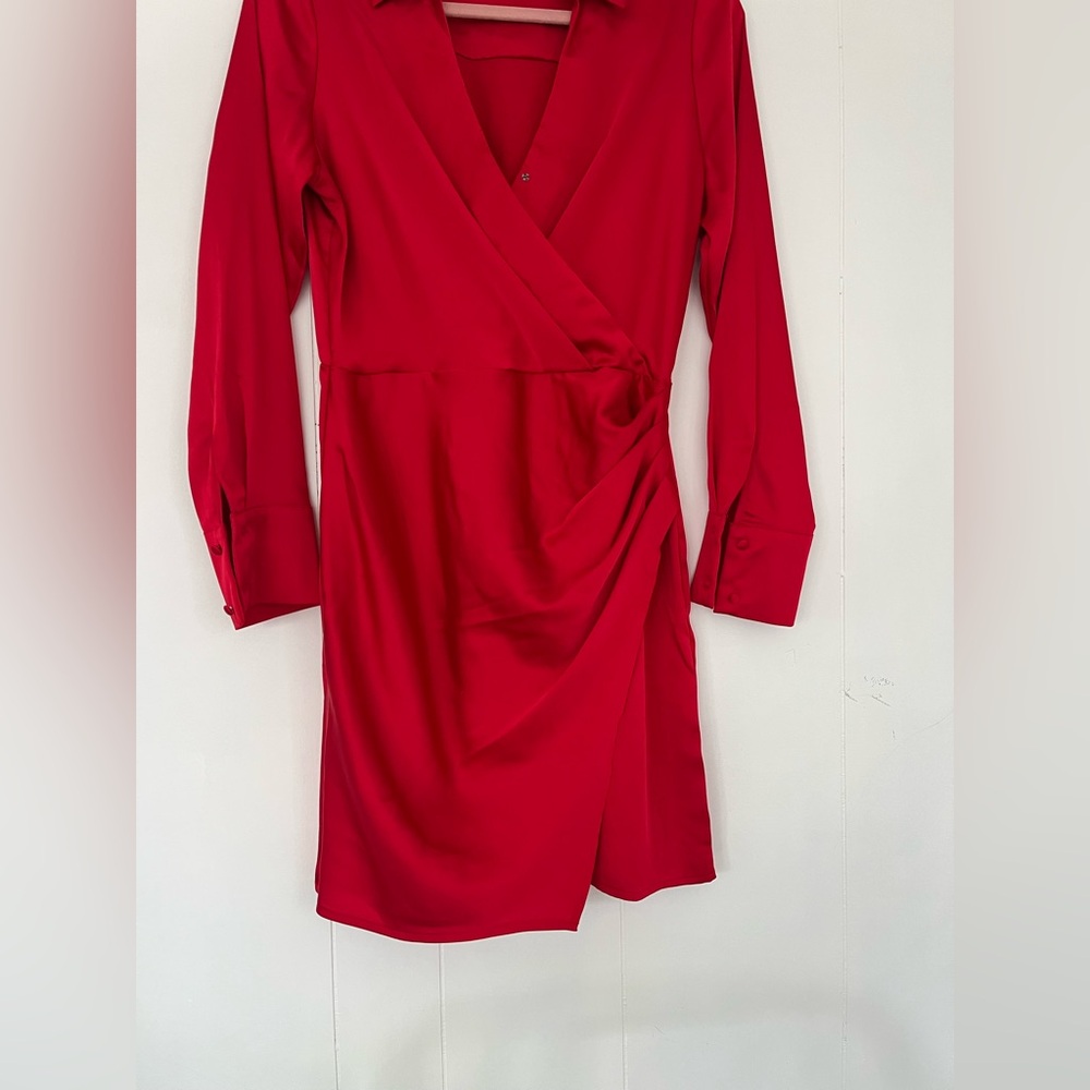 A New Day Women's Long Sleeve Red Satin Shirt Mini Dress Size Small - Picture 5 of 10